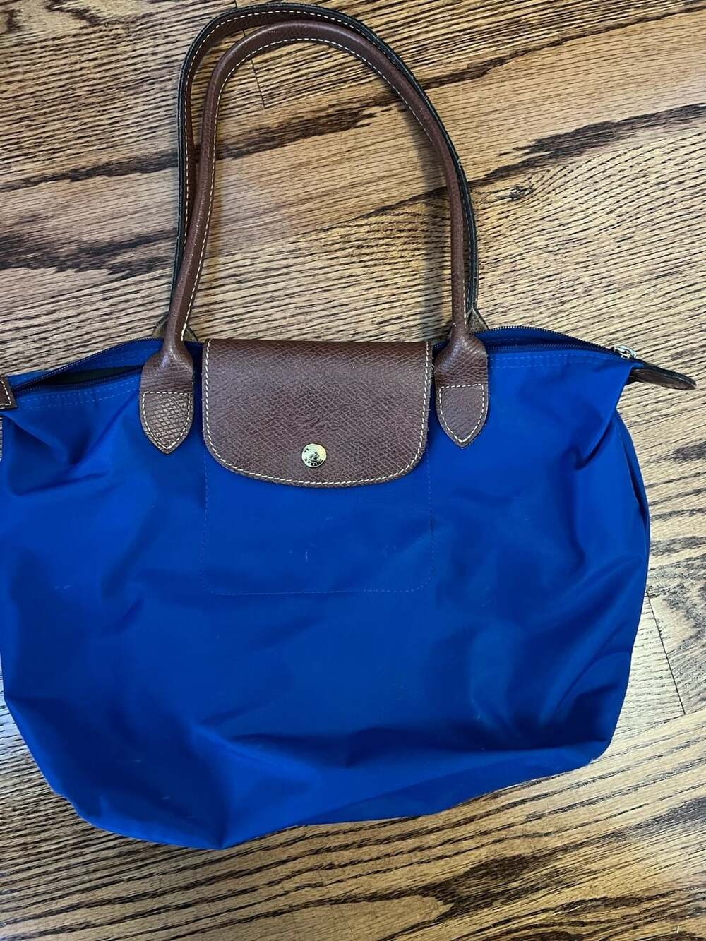 Longchamp Small Blue Nylon Tote with Brown Leather Trim